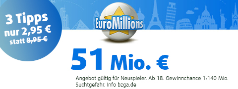39 Mio. € im EuroMillions Jackpot mit 77% Rabatt spielen