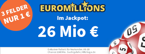 <b>17 Mio € </b>im EuroMillions Jackpot mit 8€ Rabatt spielen